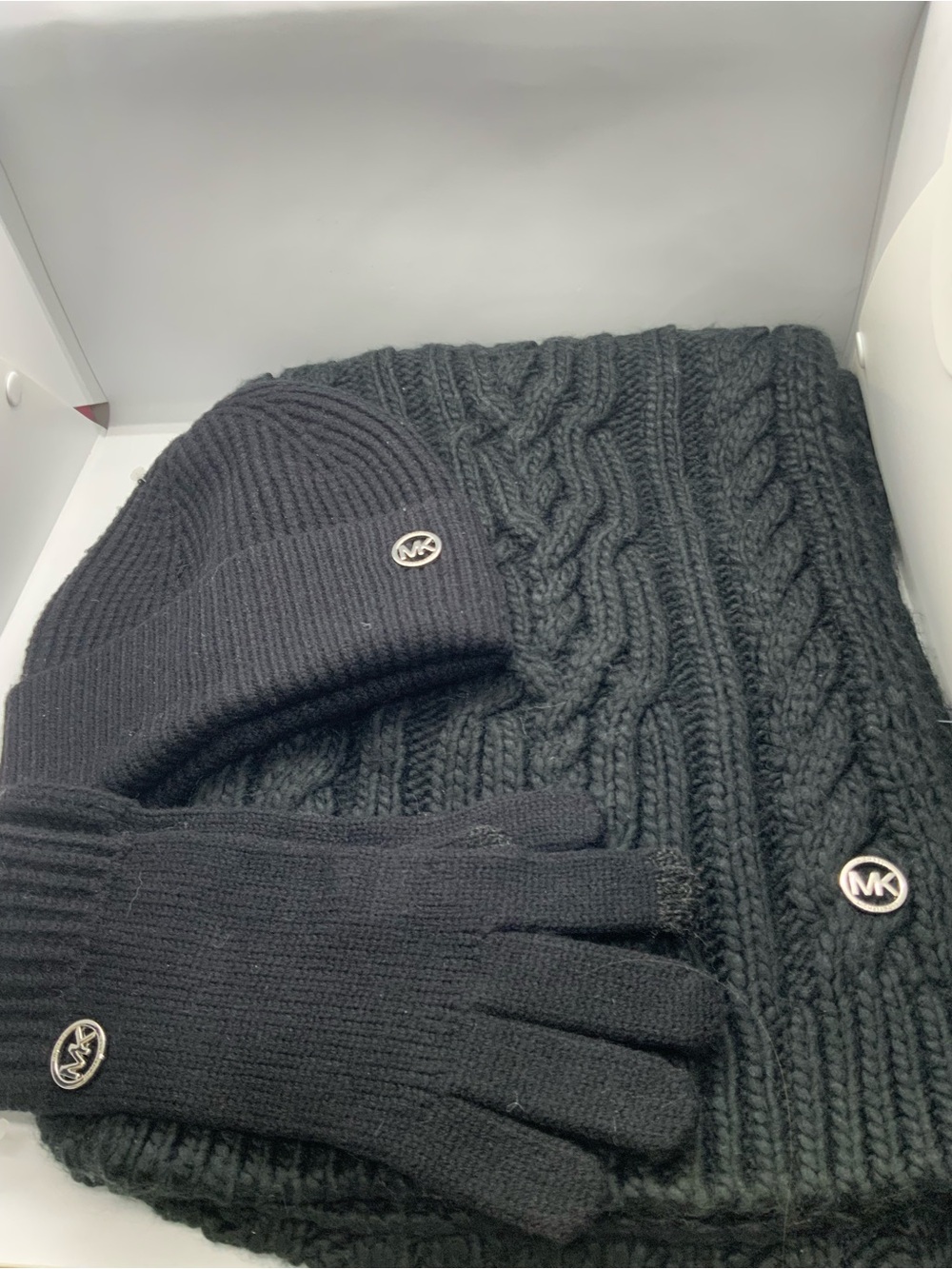 Michael Kors Black Knit Hat, Gloves & Scarf Trio with MK Logo